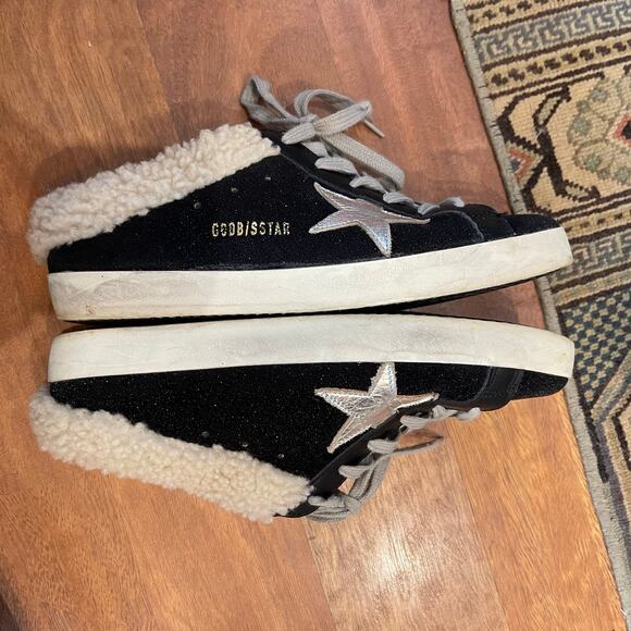 Golden Goose Sabot Shearling Lined Leather Slip On Sneakers Black White Size 10 - Picture 12 of 16